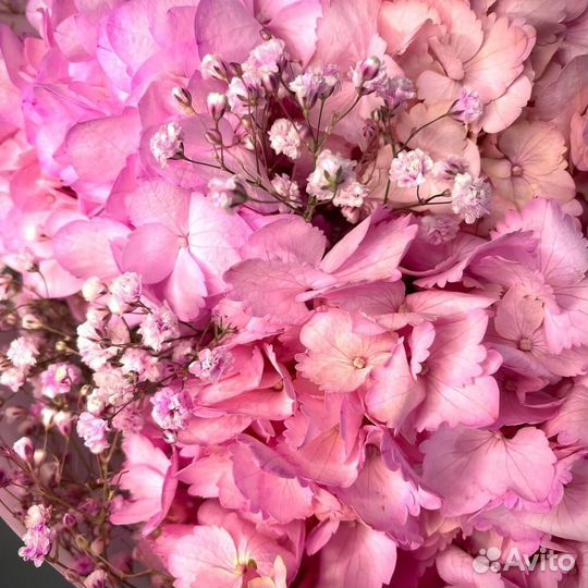 Букет из 5 розовых гортензий и гипсофил