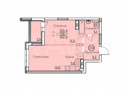 Своб. планировка, 42,6 м², 14/25 эт.