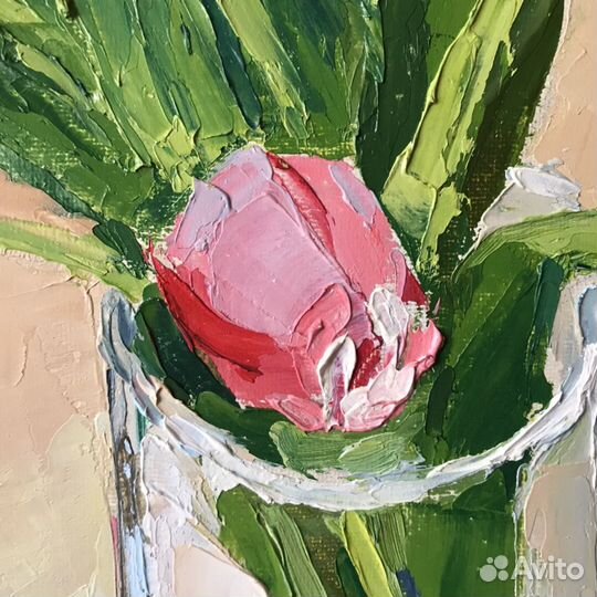 Картина маслом. Тюльпаны в стакане