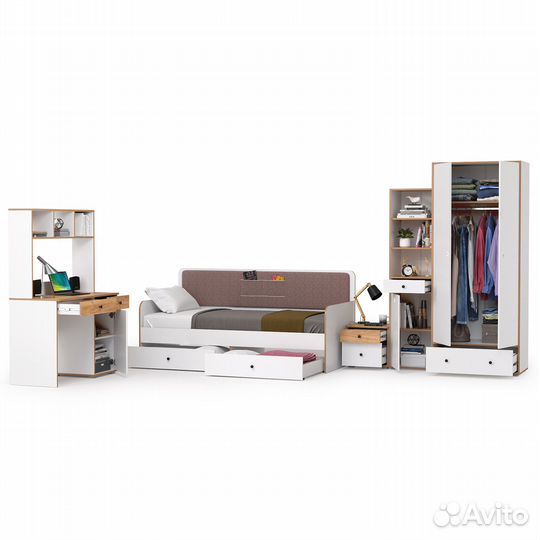 Мебель для большой молодёжной комнаты Вуди компоновка № 39, цвет белый премиум/дуб крафт золотой/сав