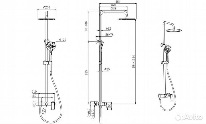 Душевая система 3jet 250мм aquatek, матовый черны