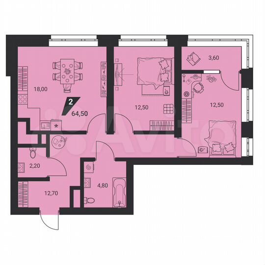 2-к. квартира, 64,5 м², 11/25 эт.