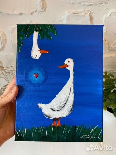 Влюбленные гуси картина на холсте 18х23