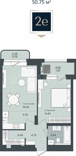 2-к. квартира, 50,8 м², 4/24 эт.