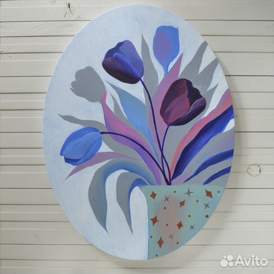 Авторская овальная картина. Натюрморт. Цветы