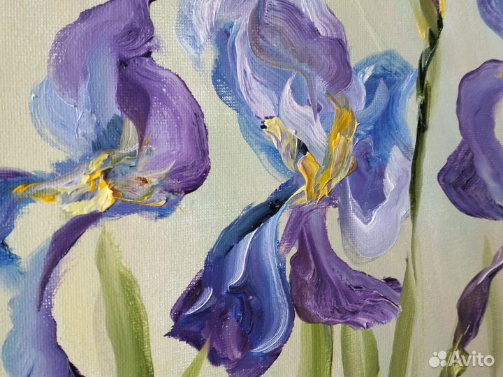 Картина маслом - синие ирисы расцвели в саду