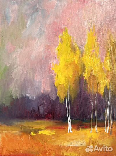 Картина маслом пейзаж, березы осенью, 18/24 см