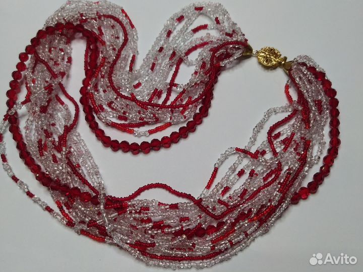 Бусы многорядные бисер, рубиновое стекло