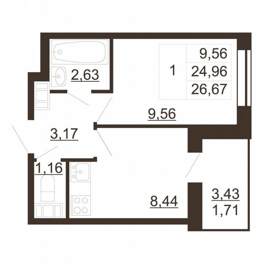 1-к. квартира, 26,7 м², 2/6 эт.