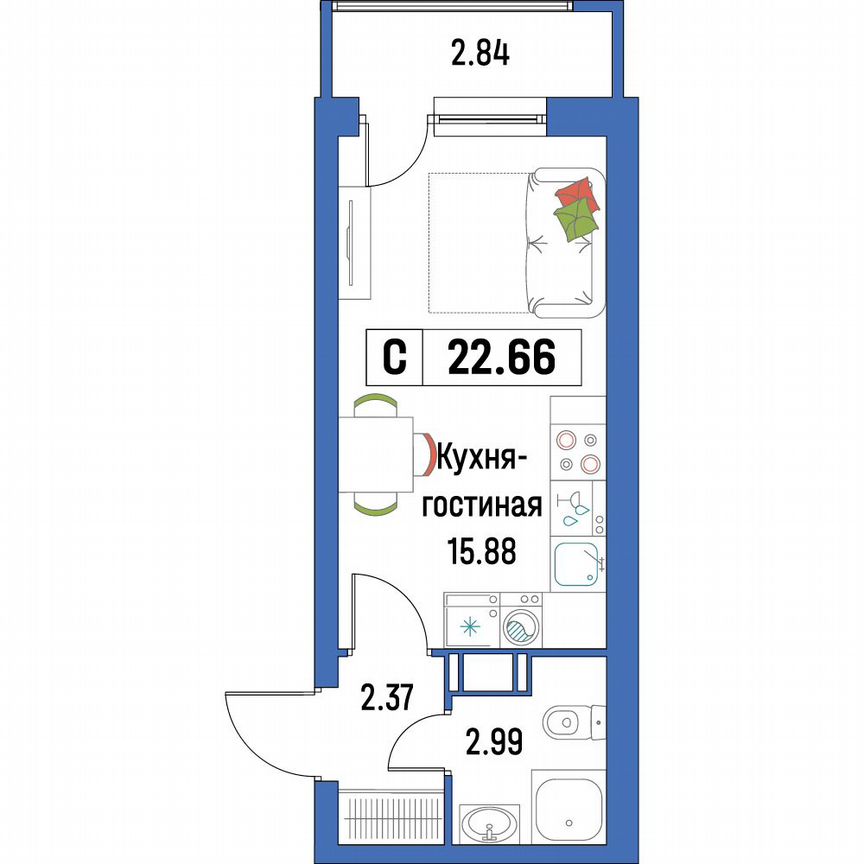 Квартира-студия, 22,7 м², 4/16 эт.
