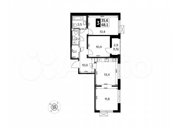 3-к. квартира, 68,1 м², 7/14 эт.