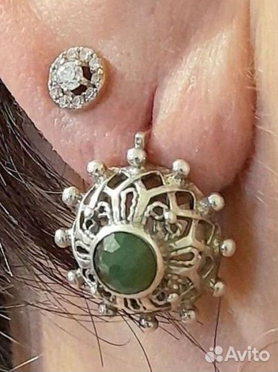 Серьги серебро нефрит винтаж СССР