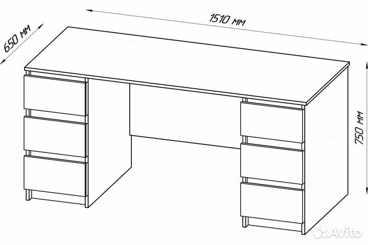 Кастор письменный стол 6 ящиков 151x65x75 см черны