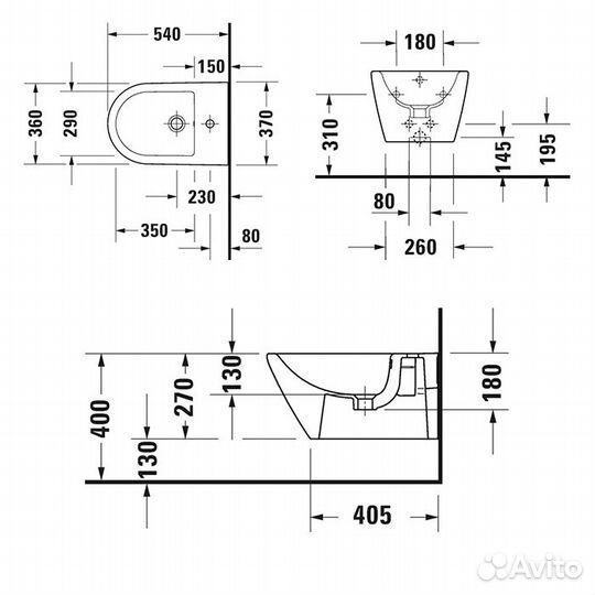 Duravit (D-Neo) Биде подвесное 370 x 540 мм, с переливом, с отверстием под смеситель, белое