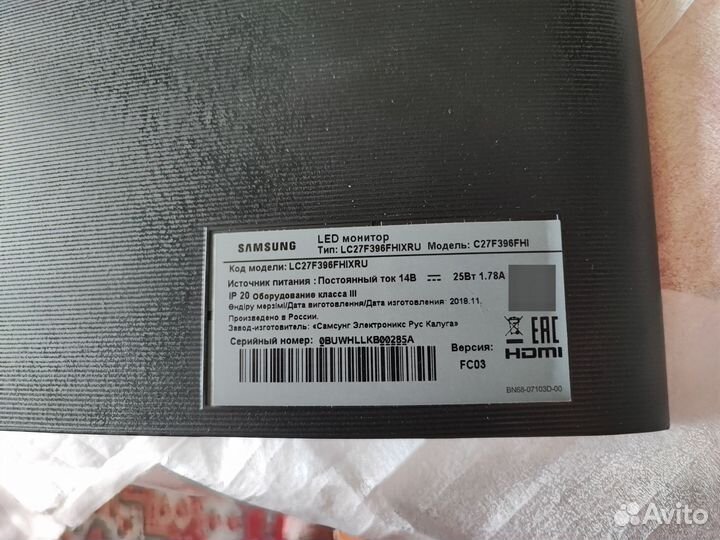 Монитор Samsung C27F396FHI на запчасти