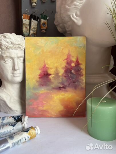 Картина пейзаж, рассвет в лесу, 18/24 см