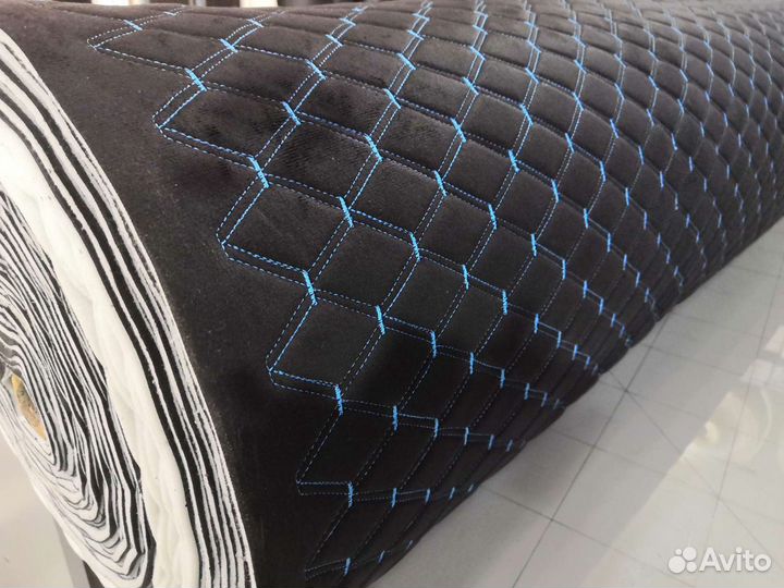 Ткань велюр черный на поролоне 3мм стежка ромб син