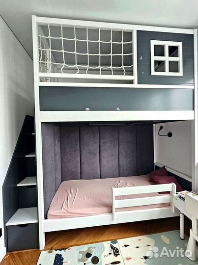 Детская кровать чердак домик со шкафом снизу