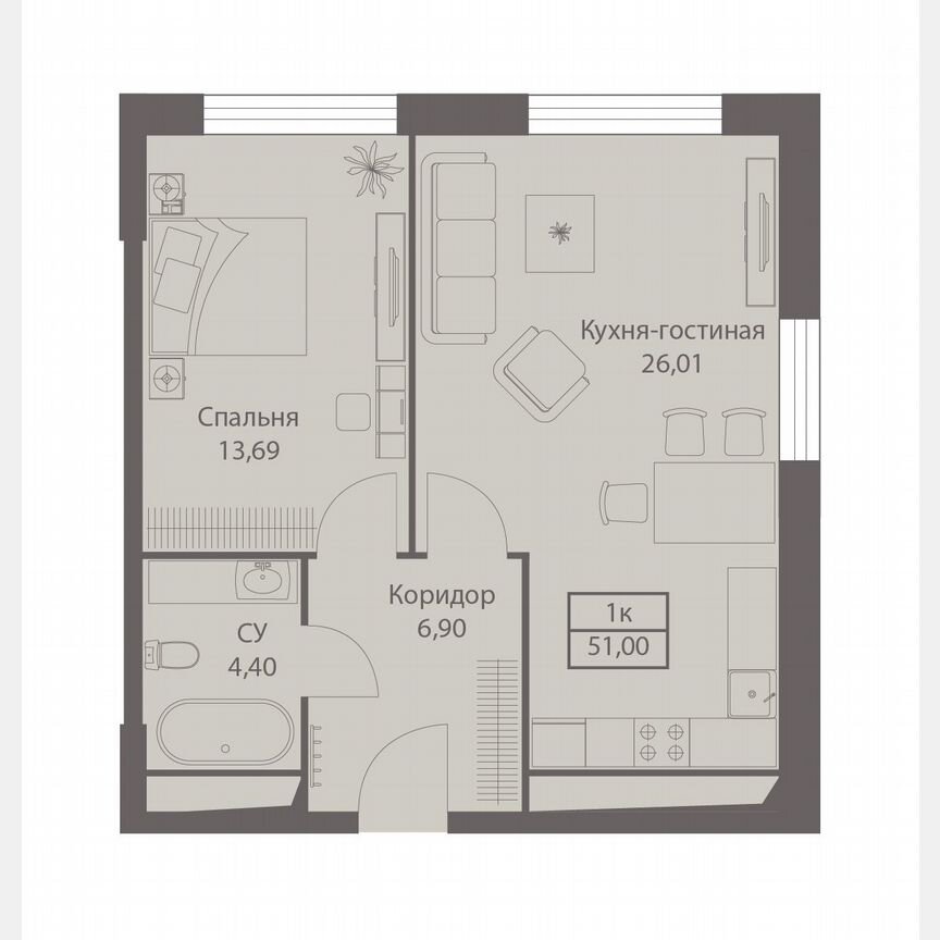 1-к. апартаменты, 51 м², 12/20 эт.
