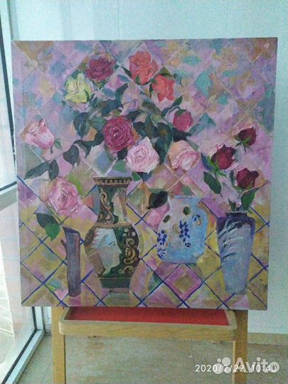 Картина масло, холст. Розы на розовом. 75 см x 79