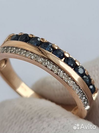 Золотое кольцо 585 дорожка с бриллианты сапфиры