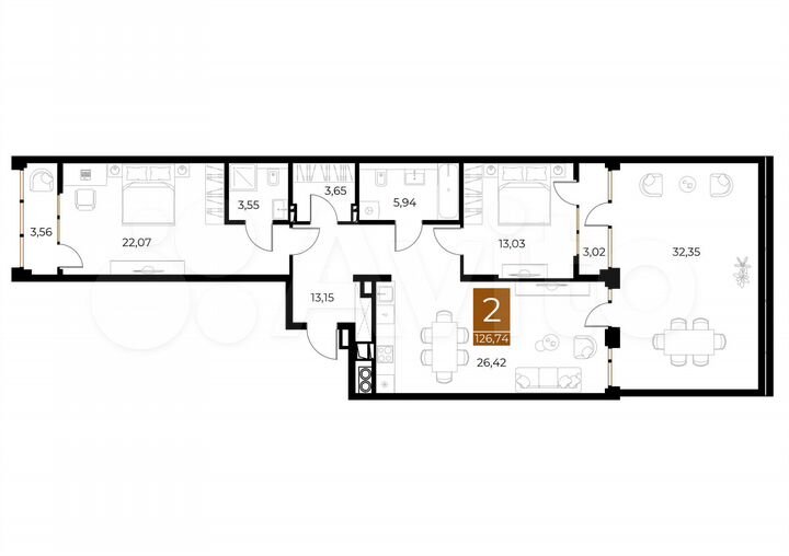 2-к. квартира, 126,7 м², 2/8 эт.