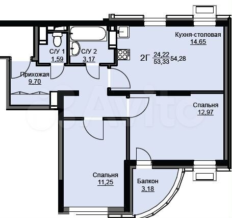 2-к. квартира, 54,3 м², 13/17 эт.