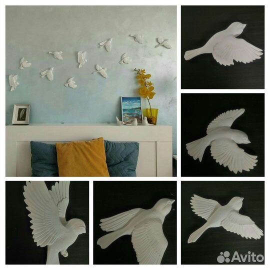 Птицы из гипса/ декор на стену/ стая птиц