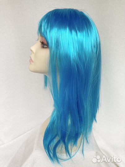 Парик синий голубой прямой с чёлкой