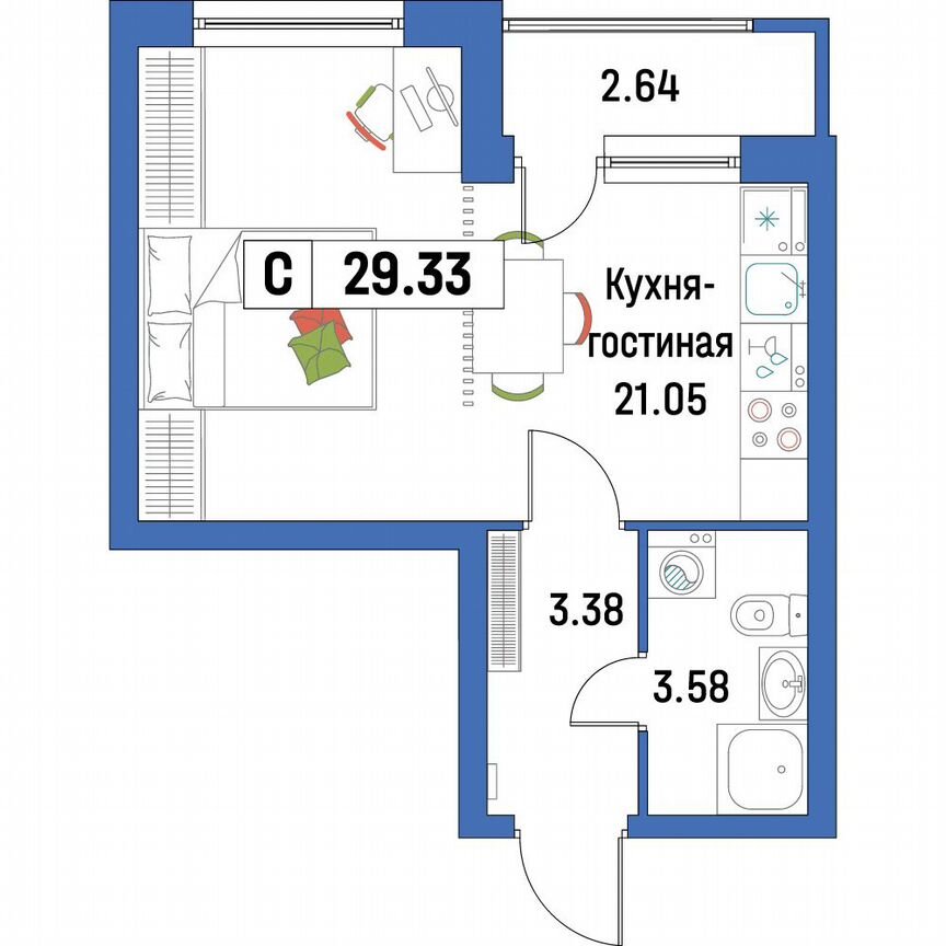 Квартира-студия, 29,3 м², 2/16 эт.
