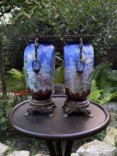 Парные вазы. Ваза. 19 век. Фаянс. Бронза. Роспись
