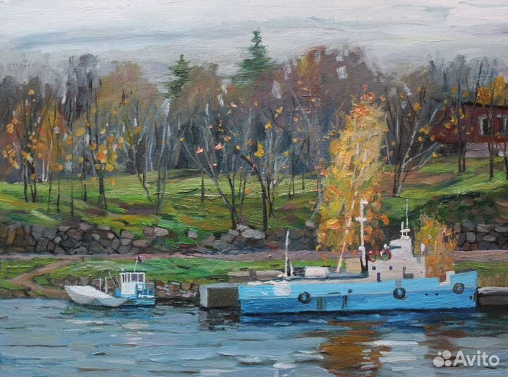 Картина маслом морской пейзажи лодки причал осень