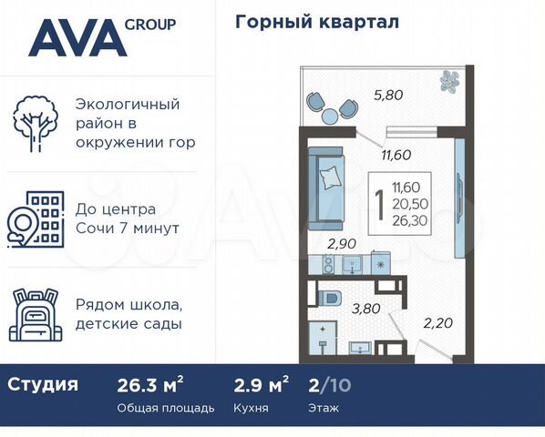 Квартира-студия, 26,3 м², 2/10 эт.