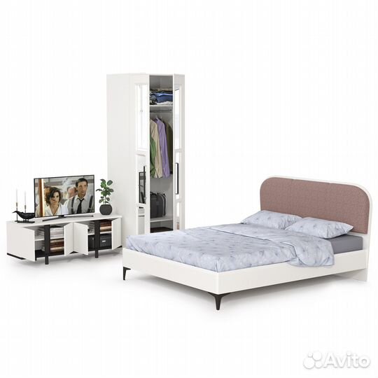 Мебель в спальню Валенсия № 26 кровать 1600 с мягкой спинкой и тв-тумба, цвет белый шагрень/чёрный