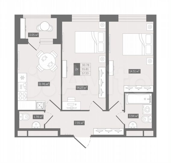 2-к. квартира, 57,3 м², 7/12 эт.
