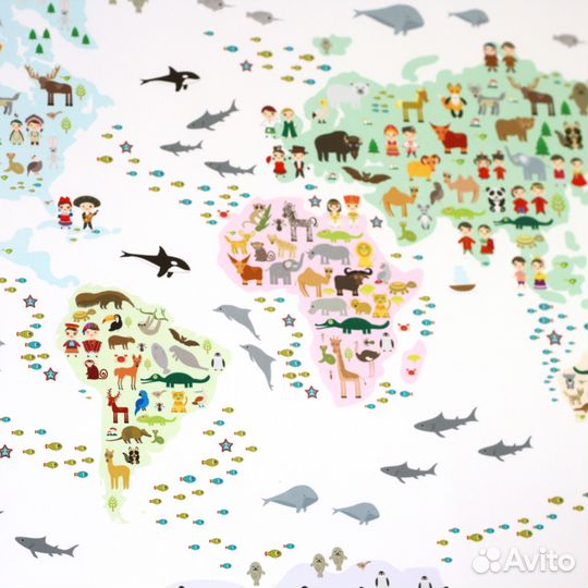 Детская карта мира с животными и людьми в рамке