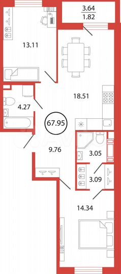 2-к. квартира, 68 м², 9/12 эт.