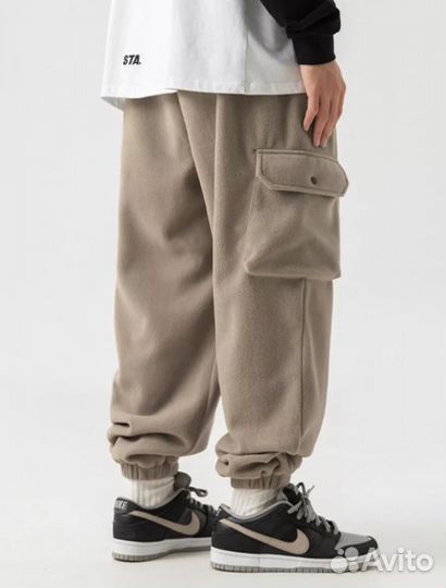 Утепленные бежевые флисовые штаны на резинке