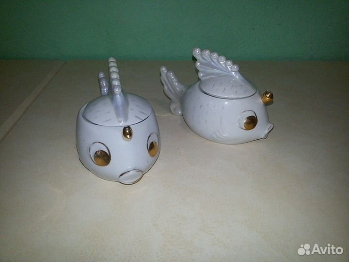 Шкатулки, икорница. Фарфор рыбки