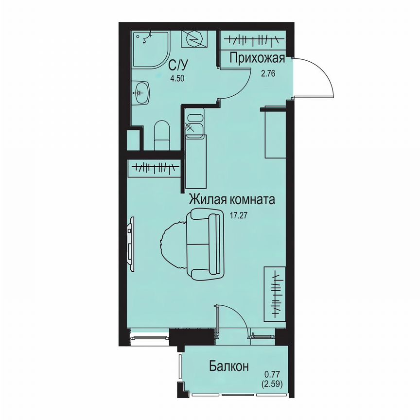 Квартира-студия, 25,3 м², 1/9 эт.