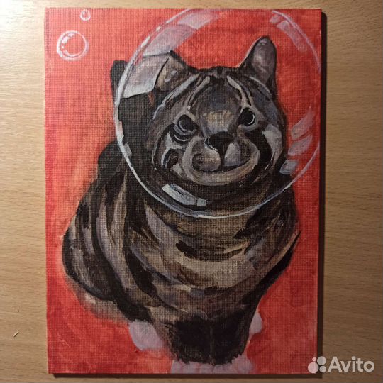 Картина котика на картонном грунтованном холсте
