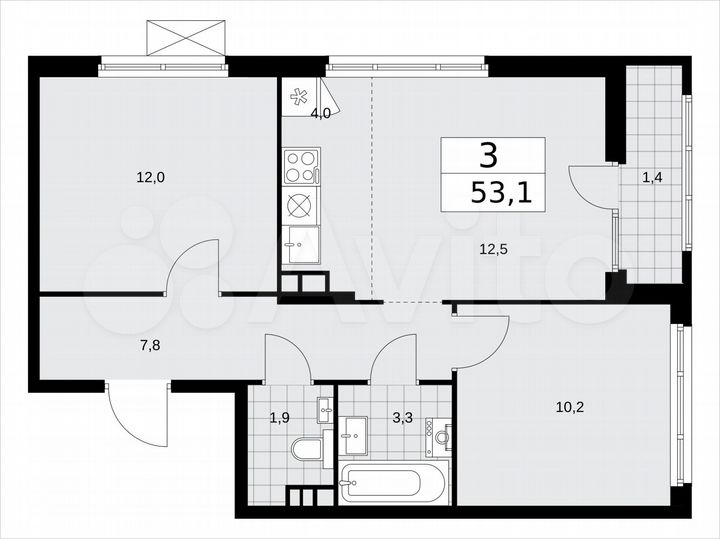 3-к. квартира, 53,1 м², 11/15 эт.