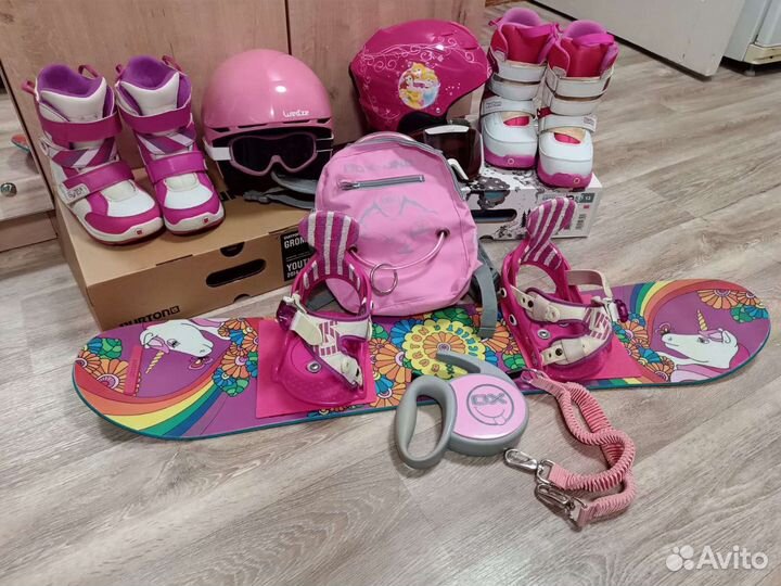 Сноуборд розовый с единорогами комплект