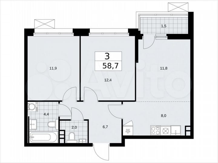 3-к. квартира, 58,7 м², 3/14 эт.