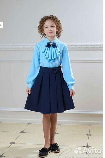 Школьная голубая рубашка для девочек 140