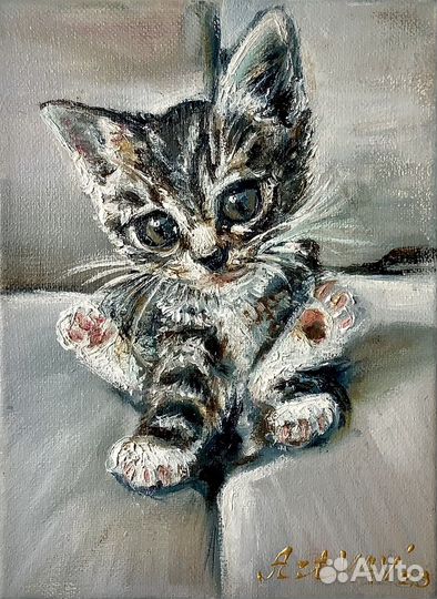 Картина маслом Маленький котенок Холст 20х15 см
