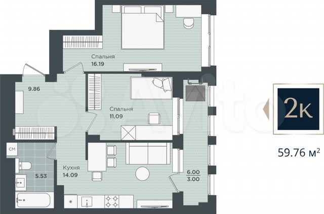 2-к. квартира, 59,8 м², 6/24 эт.