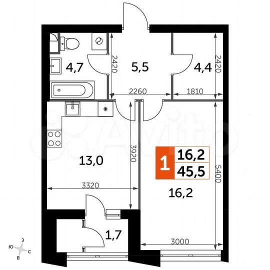 1-к. квартира, 45,5 м², 37/43 эт.