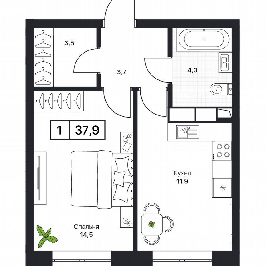 1-к. квартира, 37,9 м², 12/17 эт.