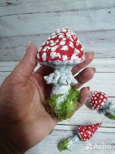 Ватная елочная игрушка мухомор